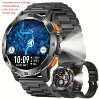 IP68 Smartwatch für Männer, Anrufe annehmen/tätigen, 5,11 cm Fitness-Smartwatch mit LED-Beleuchtung Rufintegration, kabellose Android & iPhone Kompatibilität, Multifunktionsuhr mit Sportmodi inkl. 1 Edelstahlarmband, 1 zufälligem Kunstlederband sowie 1 Silikonband