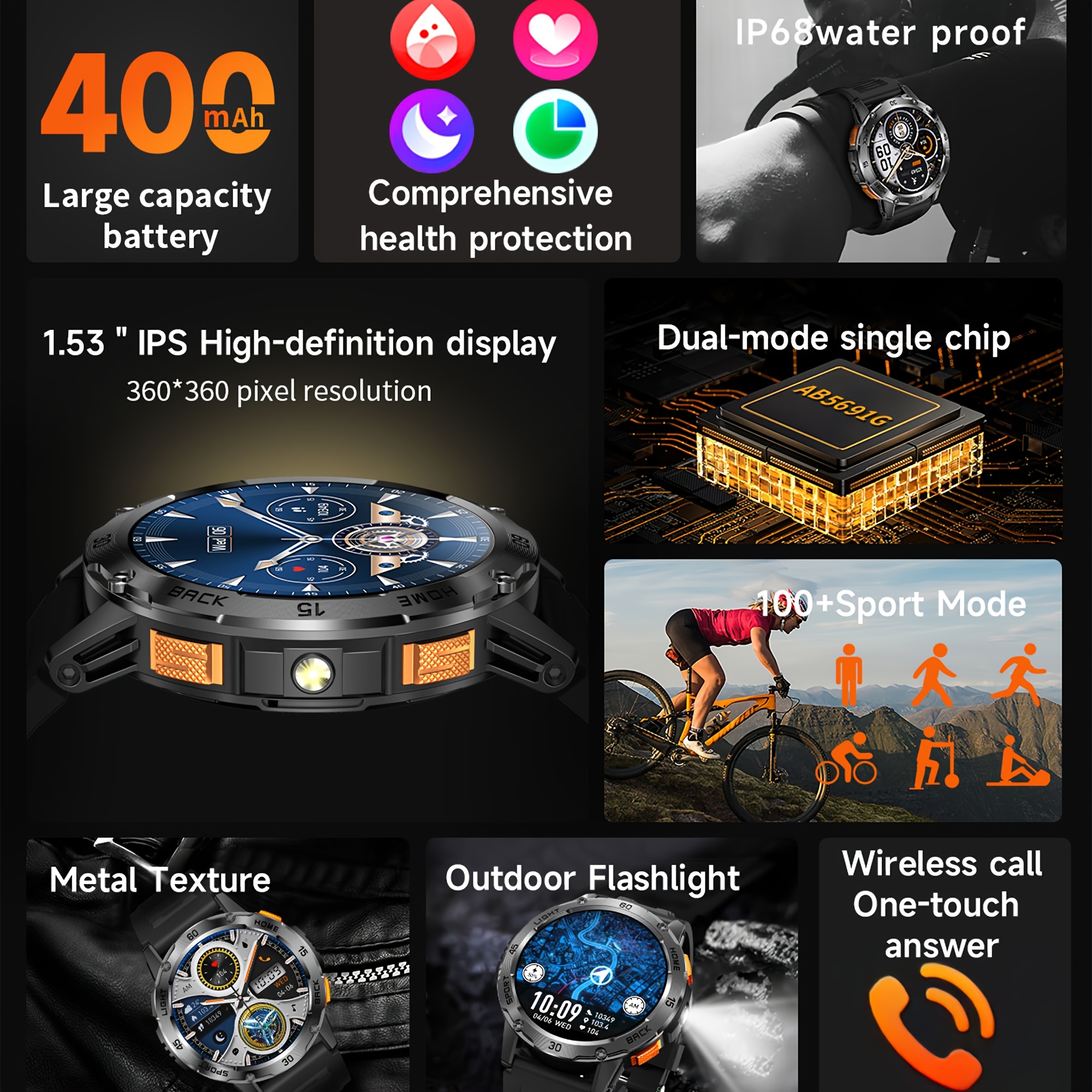 IP68 Smartwatch für Männer, Anrufe annehmen/tätigen, 5,11 cm Fitness-Smartwatch mit LED-Beleuchtung  Rufintegration, kabellose Android & iPhone Kompatibilität, Multifunktionsuhr mit Sportmodi inkl. 1 Edelstahlarmband, 1 zufälligem Kunstlederband sowie 1 Silikonband – Bild 7