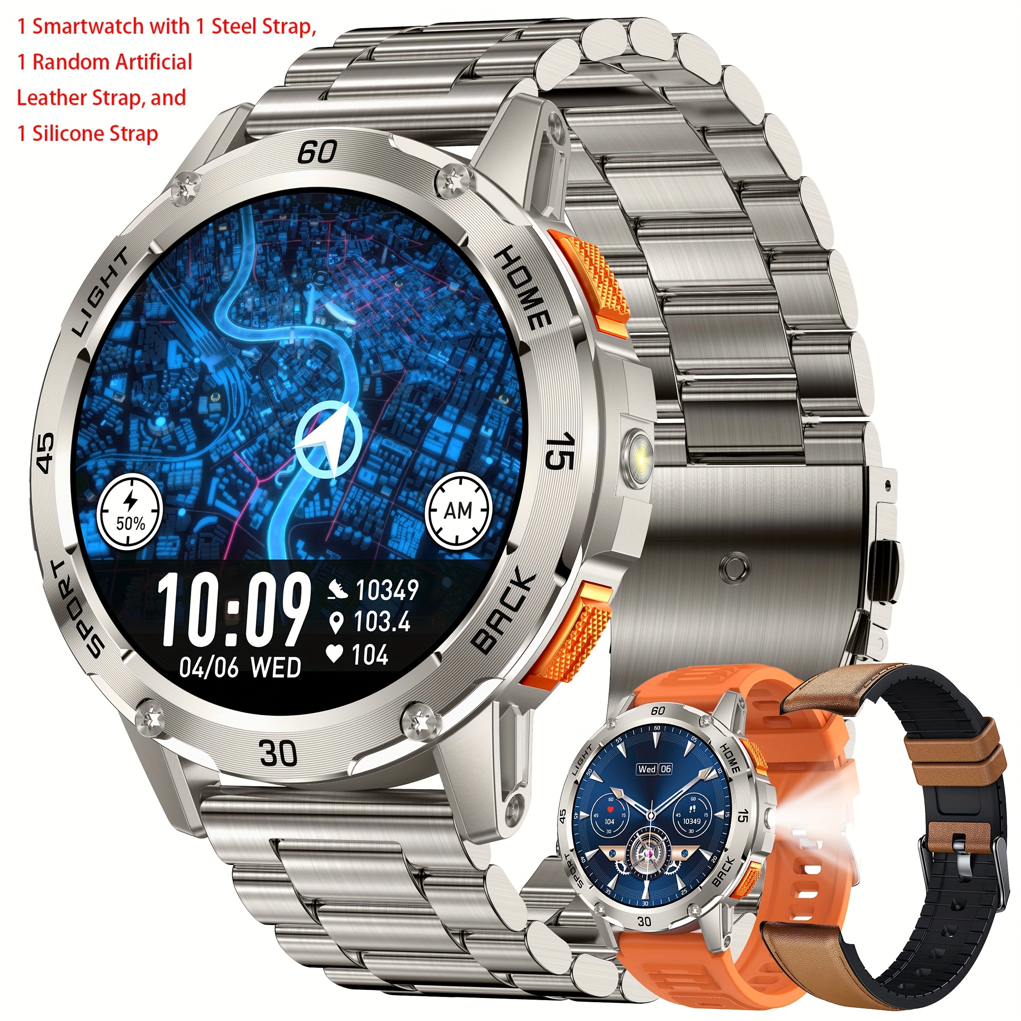 IP68 Smartwatch für Männer, Anrufe annehmen/tätigen, 5,11 cm Fitness-Smartwatch mit LED-Beleuchtung  Rufintegration, kabellose Android & iPhone Kompatibilität, Multifunktionsuhr mit Sportmodi inkl. 1 Edelstahlarmband, 1 zufälligem Kunstlederband sowie 1 Silikonband – Bild 4